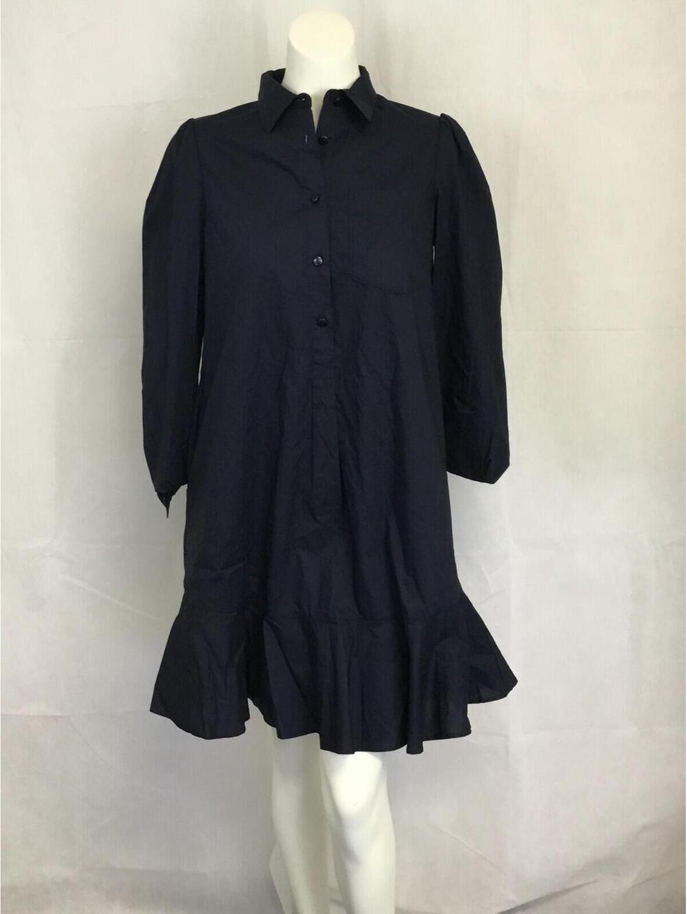 [353] Cynthia Rowley Dress W XS Blue Collared Shirt Swing Ruffle Hem 3/4 Sleeve